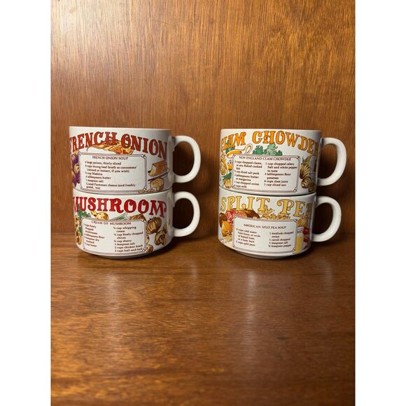 Nevco Korea Other - 1970s VTG Recipe Soup Mugs Set of 4 French Onion Clam Chowder Split Pea Mushroom
